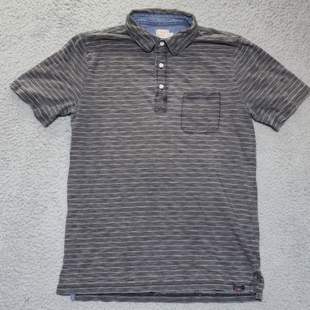 Faherty Brand Mens Indigo Dyed Striped Polo Shirt Gray Blue Short Sleeve Medium